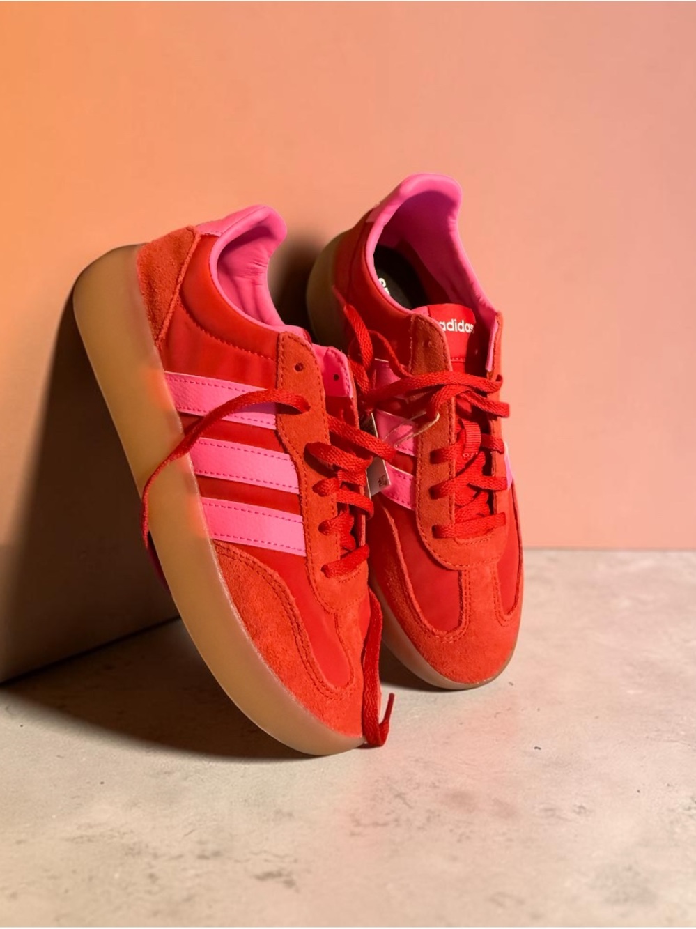 adidas Red Suede Sneakers with Pink Three Stripes - Picture 2 of 4